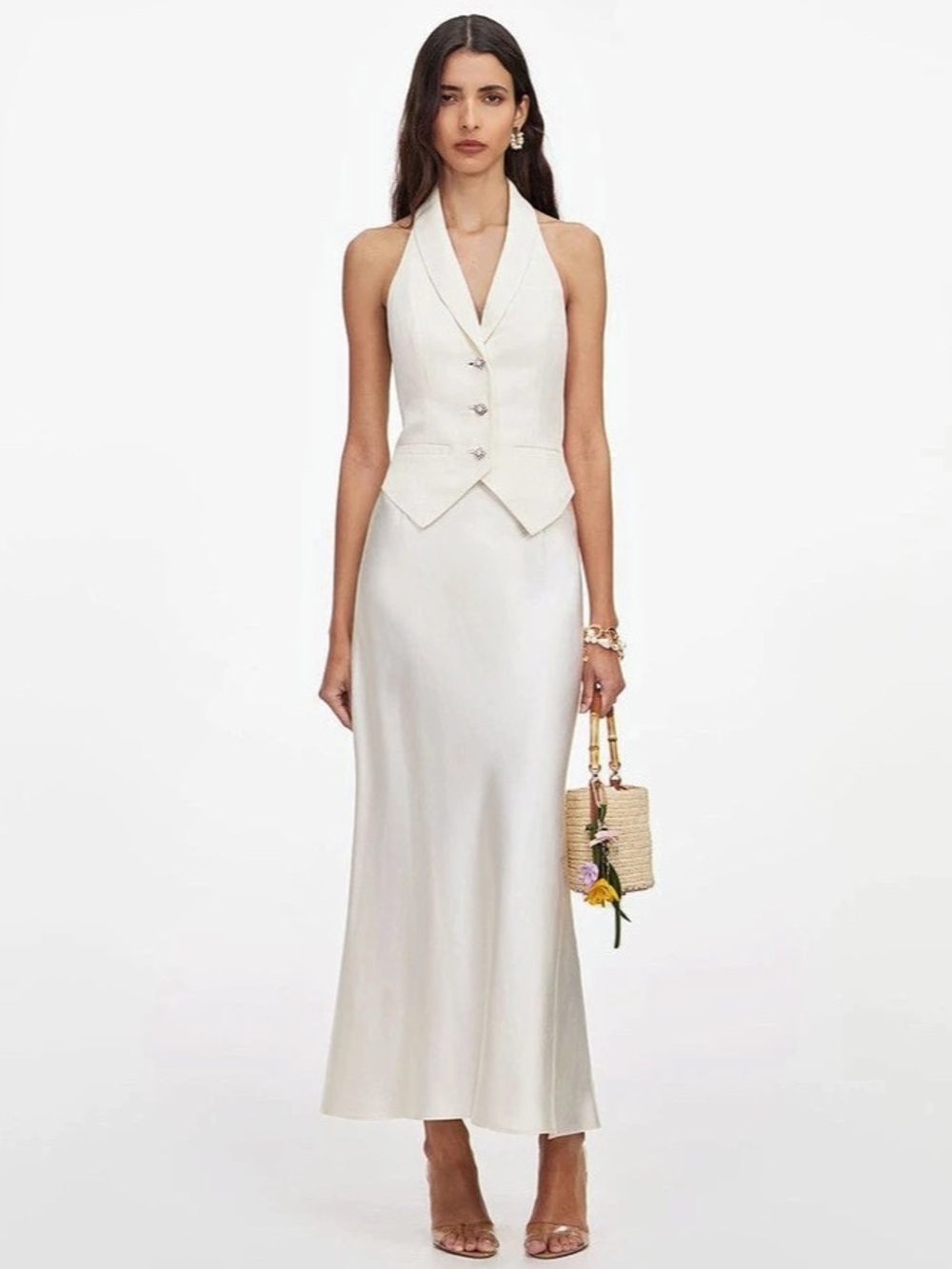 Self-Portrait NWOT CREAM LINEN BLEND SATIN MIDI DRESS